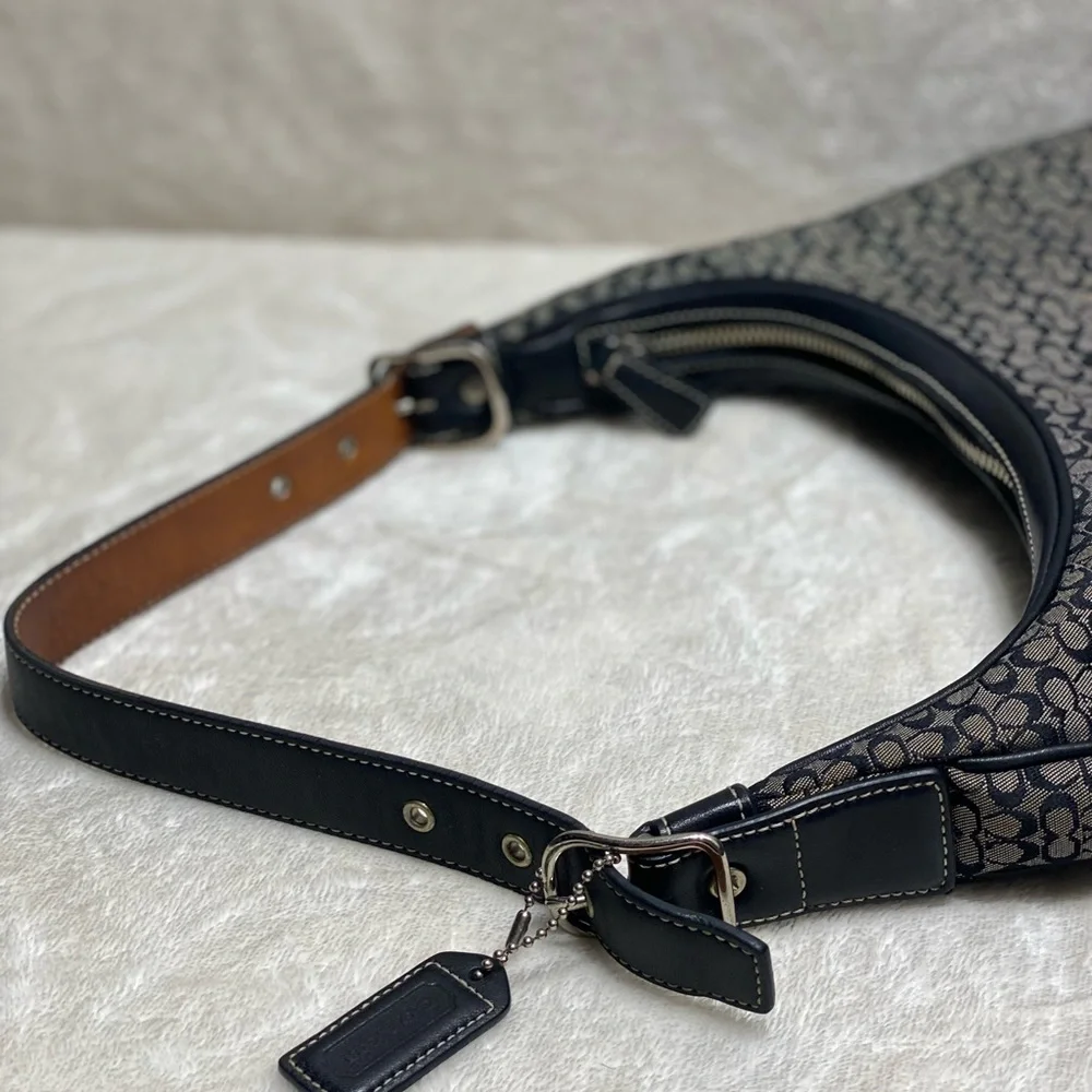 Coach Signature Jacquard Hobo in Black and Tan